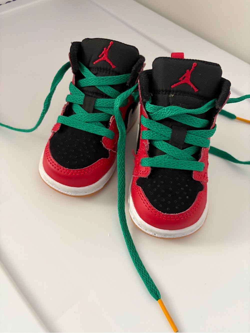 Jordan Kids Red and Black High-Top Sneakers with Green Laces